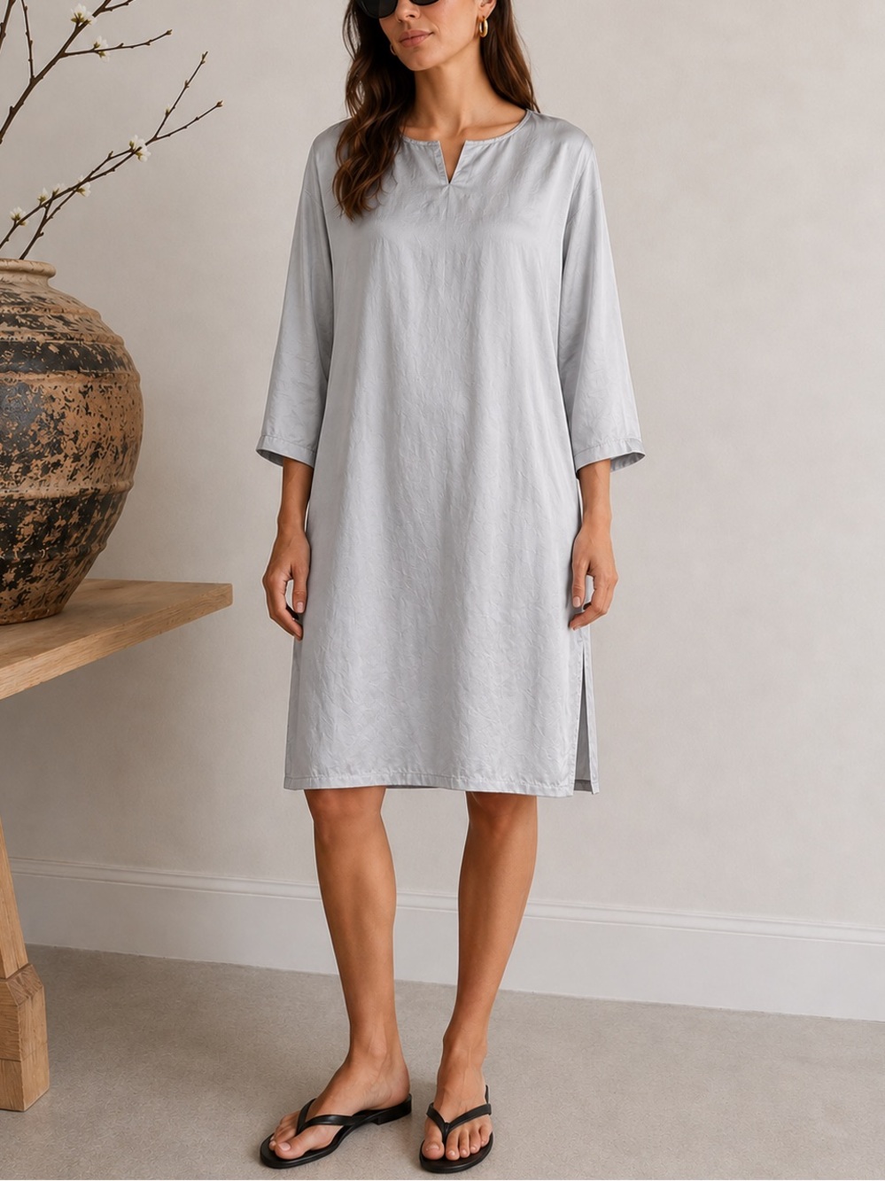 Saks Fifth Avenue 100% Silk Shift Tunic Dress Gray Quiet Luxury L